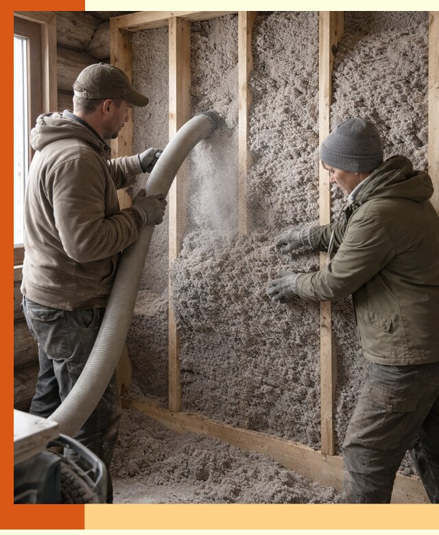 Утепление бревенчатого дома эковатой в щербинке