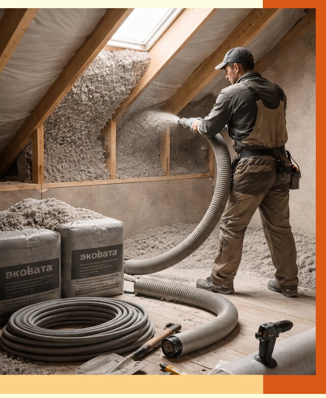 Утепление мансарды эковатой в щербинке от 2240 руб/м2 — монтаж, задувка, цена | ТепломастерЩрб