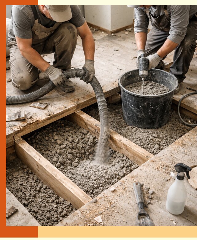 Заполнение пустот пола в щербинке полиуретаном и пенополистиролом