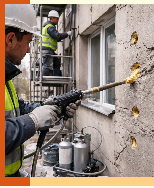 Заполнение пустот в фасаде и утепление стен в щербинке