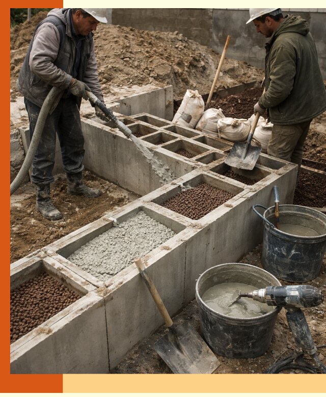 Заполнение полостей фундамента в щербинке герметичным утеплением и повышением прочности